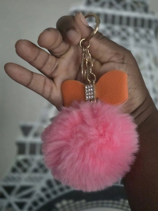 Premium Pink Fur Keychain | Orange Bow - Luxurious, Durable Accessory