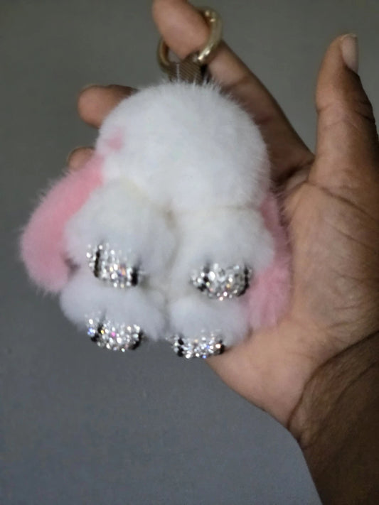 Premium White & Pink Mink Fur Bunny Keychain - Luxurious, Durable Accessory